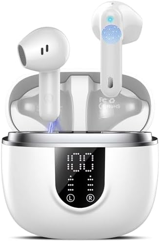 Ecouteurs Bluetooth sans Fil, Écouteurs Bluetooth 5.4, 4 ENC Réduction Bruit Mic, HiFi Stéréo, 45H de Lecture, Casque Contrôle Tactile,Écran LED, IPX7 Étanche Sport Oreillette pour iOS Android, Blancs - Image 2