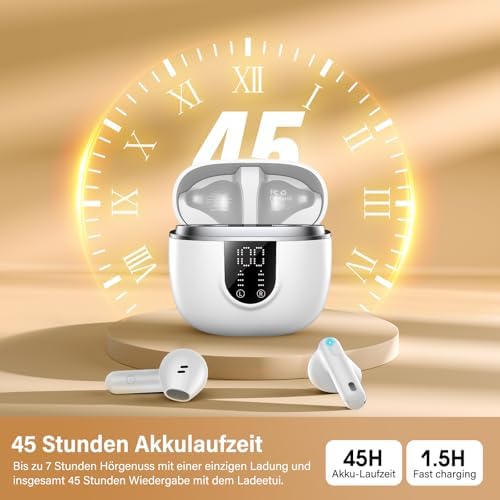 Ecouteurs Bluetooth sans Fil, Écouteurs Bluetooth 5.4, 4 ENC Réduction Bruit Mic, HiFi Stéréo, 45H de Lecture, Casque Contrôle Tactile,Écran LED, IPX7 Étanche Sport Oreillette pour iOS Android, Blancs - Image 3