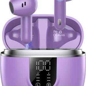 Écouteurs intra-auriculaires sans fil Bluetooth 5.4, son Hi-Fi avec réduction du bruit ENC, autonomie de 45 heures, affichage LED, étanchéité IP7, pour le travail et l'étude, violet