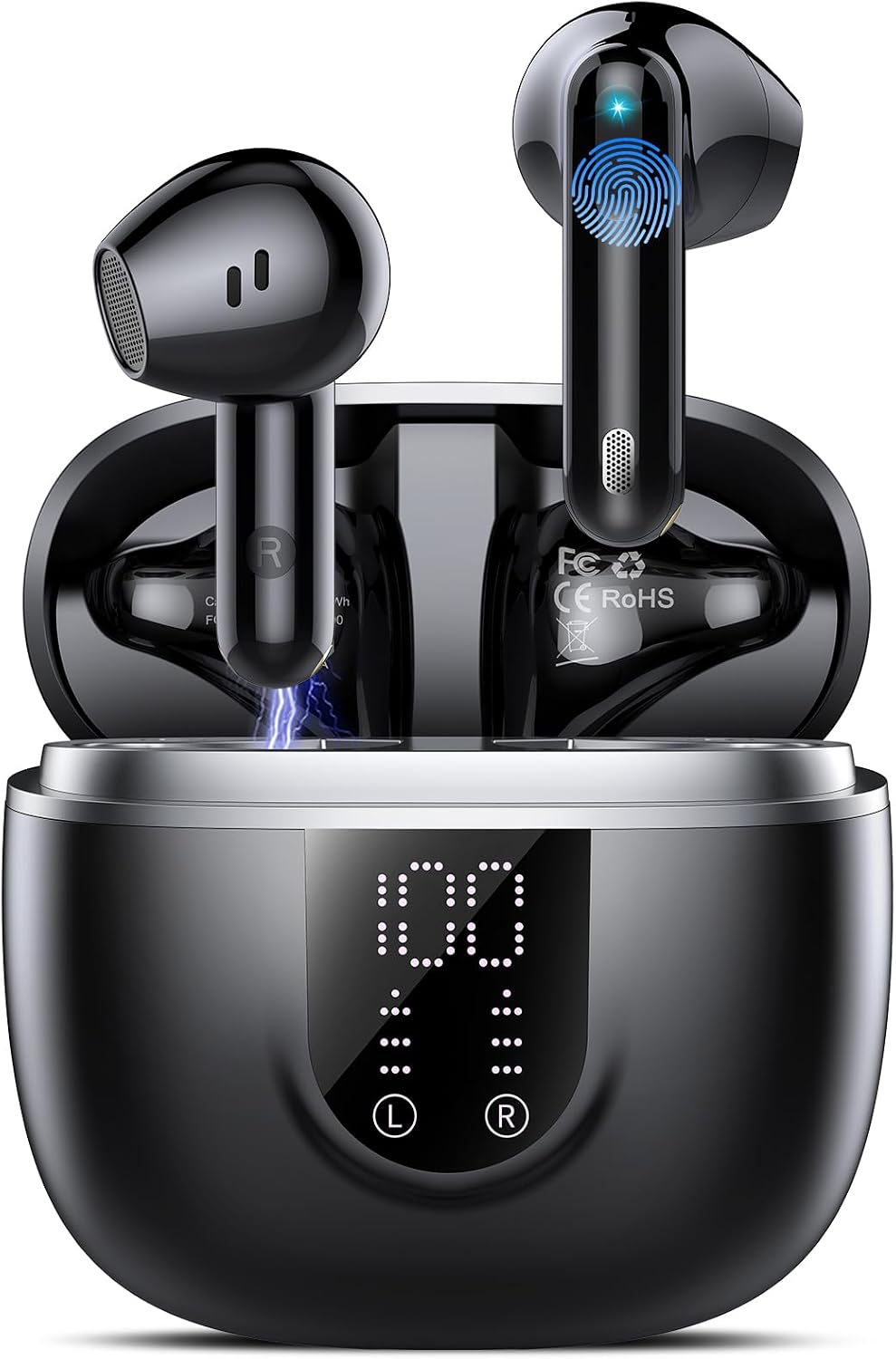 Ecouteurs Bluetooth sans Fil, Écouteurs Bluetooth 5.4, 4 ENC Réduction Bruit Mic, HiFi Stéréo, 45H de Lecture, Casque Contrôle Tactile, Écran LED, IPX7 Étanche Sport Oreillette pour iOS Android, Noir