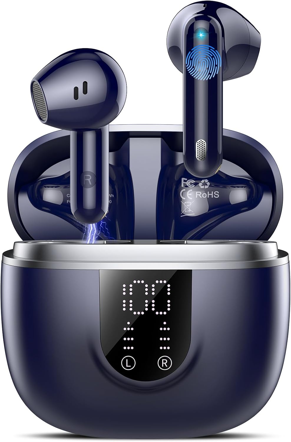 Ecouteurs Bluetooth sans Fil, Écouteurs Bluetooth 5.4, 4 ENC Réduction Bruit Mic, HiFi Stéréo, 45H de Lecture, Casque Contrôle Tactile, Écran LED, IPX7 Étanche Sport Oreillette pour iOS Android, Bleus