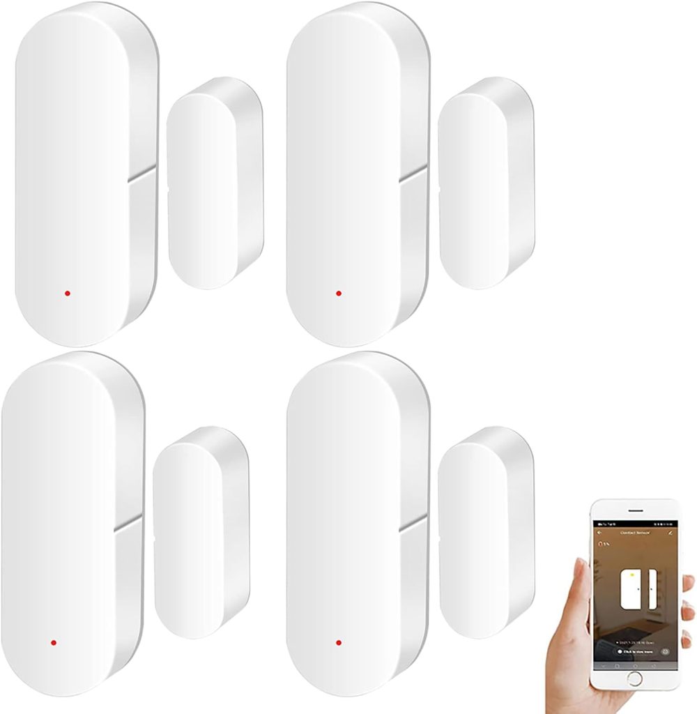 Capteur de Porte et fenêtre: Smart Tuya Alertes en Temps réel, Capteur de Contact pour la sécurité Domestique et la domotique Intelligente, Prise en Charge d'Alexa Google Assistant (4PCS)