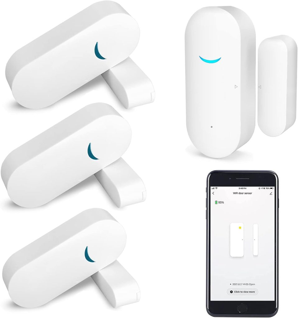 Capteur de fenêtre de Porte WiFi: capteur de fenêtre Intelligent avec Notification Gratuite, système de sécurité pour Maison Intelligente, Compatible avec Alexa Google Hom (Paquet de 4)