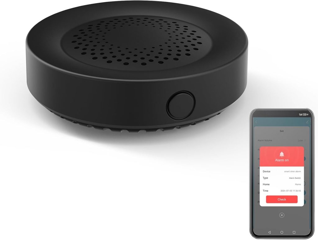 Alarme sirène intelligente : forte 100 dB, compatible avec Alexa, 32 types de sons d'alarme disponibles, télécommande, noir, modèle ZA03