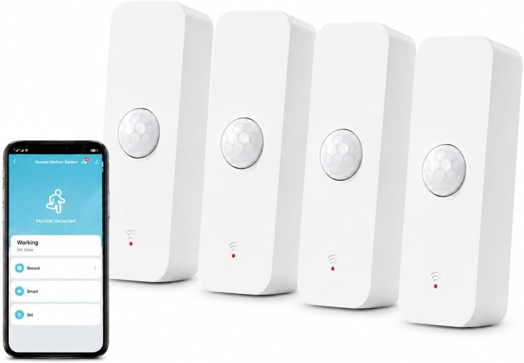 Détecteur de mouvement WiFi Tuya PIR intelligent pour la sécurité domestique Capteur de mouvement sans fil avec application de surveillance à distance, commande vocale compatible avec Alexa (Lot de 4)